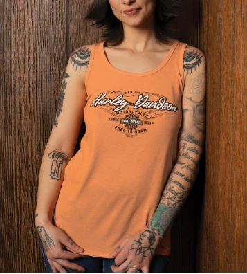 Bravado Harley-Davidson® Women's Scripted Cactus Back Tank Top, Orange Tank Tops 3 Bravado Harley-Davidson® Women's Scripted Cactus Back Tank Top, Orange Tank Tops
