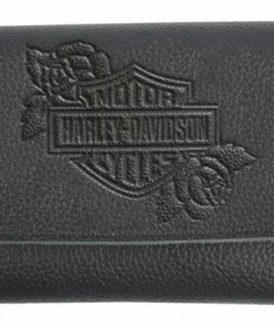American Accessories Harley-Davidson® Women's Rose B&S Embossed Leather Tri-Fold Wallet WRB2063-BLACK