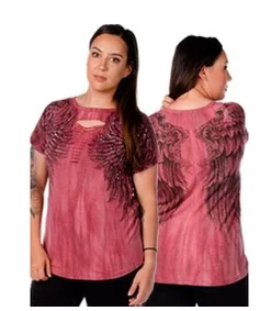 Daniel Smart Manufacturing Rise Above Slit Cut Embellished Wings Short Sleeve Tee, Magenta 7726BRG-MW
