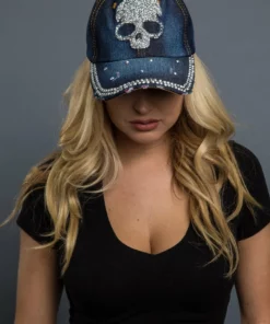 Hair Glove Bling Skull Denim Baseball Cap, 52001