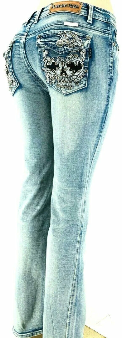 Pants & Chaps Platinum Plush® Women's Badass Skull Rhinestone Denim Boot Cut Jeans, Style #4021 3 Pants & Chaps Platinum Plush® Women's Badass Skull Rhinestone Denim Boot Cut Jeans, Style #4021