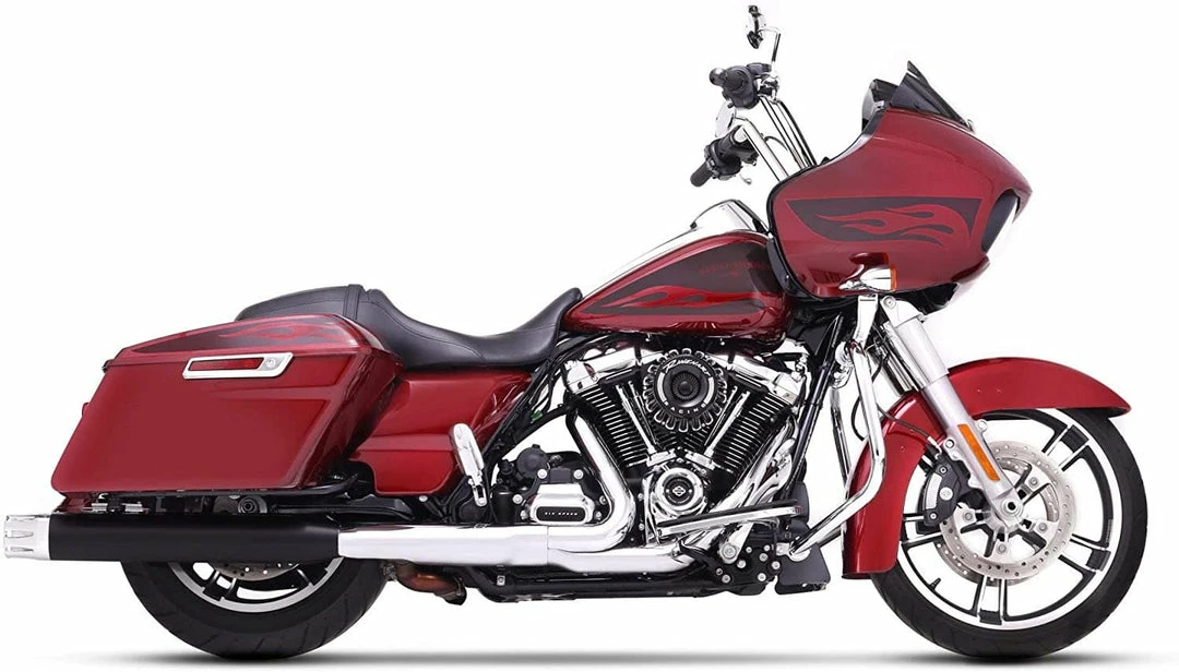 Rhinehart® Black W/ Chrome 4" Slip-On Mufflers W/ Black Merge End Caps. 500-0107-MERGE 3 Rhinehart® Black W/ Chrome 4" Slip-On Mufflers W/ Black Merge End Caps. 500-0107-MERGE