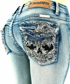 Pants & Chaps Platinum Plush® Women's Badass Skull Rhinestone Denim Boot Cut Jeans, Style #4021 7 Pants & Chaps Platinum Plush® Women's Badass Skull Rhinestone Denim Boot Cut Jeans, Style #4021