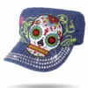 Hats Taw Gear® Bling & Embroidered Sugar Skull Cadet Cap, Denim