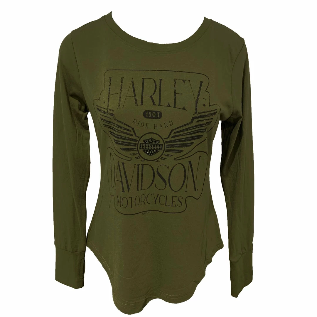 Superstition Harley-Davidson Dealership T-Shirts Harley-Davidson® Women's Wing Shield Long Sleeve Shirt, Military Green 3 Superstition Harley-Davidson Dealership T-Shirts Harley-Davidson® Women's Wing Shield Long Sleeve Shirt, Military Green