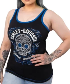 Bravado Tank Tops Harley-Davidson® Women's Pinstripe Cactus Back Tank Top, Black/Blue