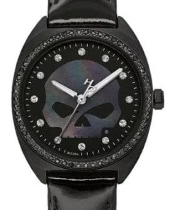 Bulova Jewelry Harley-Davidson® Women's Crystal Willie G Skull Logo Watch, Black Finish 78L125