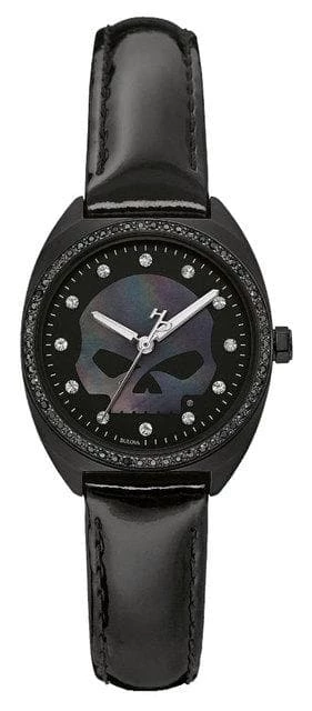 Bulova Jewelry Harley-Davidson® Women's Crystal Willie G Skull Logo Watch, Black Finish 78L125 3 Bulova Jewelry Harley-Davidson® Women's Crystal Willie G Skull Logo Watch, Black Finish 78L125