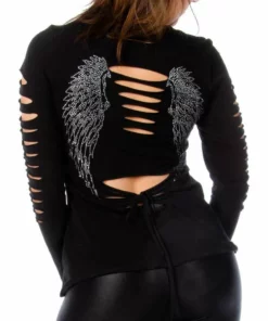 Daniel Smart Manufacturing Liberty Wear Women's Dark Angel Embellished Cut-Out Long Sleeve Shirt, Black
