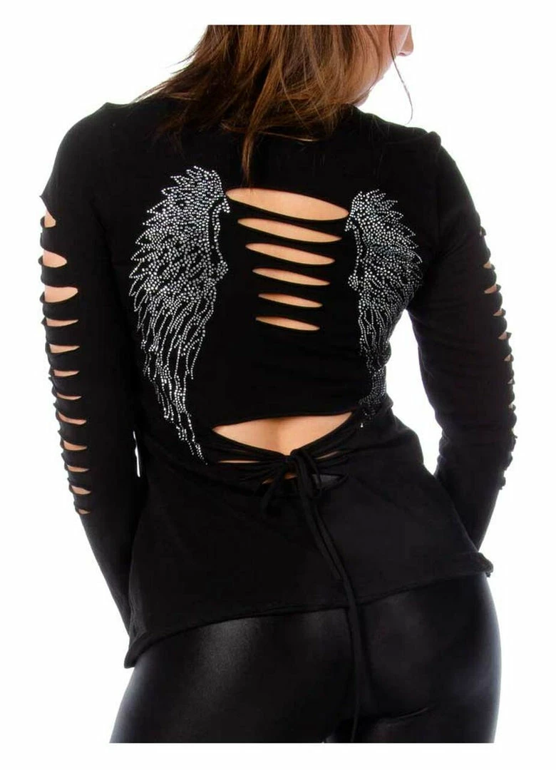 Daniel Smart Manufacturing Liberty Wear Women's Dark Angel Embellished Cut-Out Long Sleeve Shirt, Black 3 Daniel Smart Manufacturing Liberty Wear Women's Dark Angel Embellished Cut-Out Long Sleeve Shirt, Black
