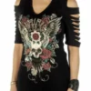 Daniel Smart Manufacturing Liberty Wear Women's Devilish Cuts Embellished Cold Shoulder Half Sleeve Top