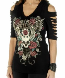 Daniel Smart Manufacturing Liberty Wear Women's Devilish Cuts Embellished Cold Shoulder Half Sleeve Top