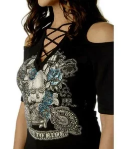 Daniel Smart Manufacturing Long Sleeve Shirts Liberty Wear Women's Bikers, Booze & Babes Embellished Cold Shoulder Top - Black 7670BLK