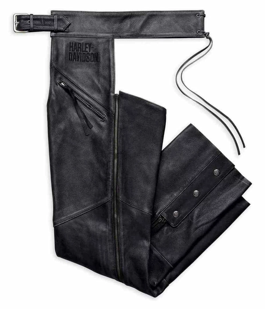 Harley-Davidson® Men's Embroidered Distressed Leather Chaps, Black 98102-16VM 3 Harley-Davidson® Men's Embroidered Distressed Leather Chaps, Black 98102-16VM