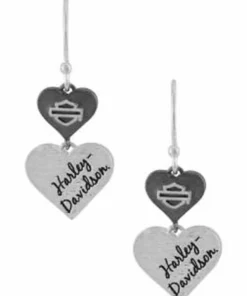 MOD Harley-Davidson® Women's Black & Silver Double Heart Bar & Shield Drop Earrings, HDE0549 Jewelry