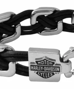 MOD Jewelry & Watches Harley-Davidson® Men's 9" Floating Links Black Leather Steel Bracelet, Silver, HSB0206