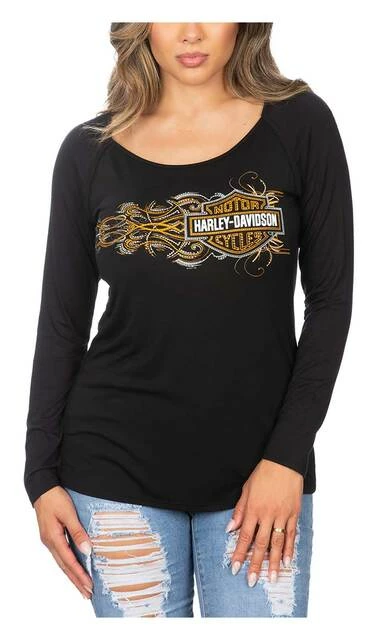 FCP Harley-Davidson® Women's Embellished B&S Long Sleeve Scoop Neck Top - Black 3 FCP Harley-Davidson® Women's Embellished B&S Long Sleeve Scoop Neck Top - Black