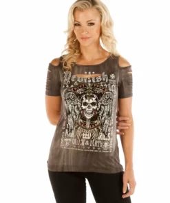 Daniel Smart Manufacturing Liberty Wear Women's Embellished Devilish Skull Cold Shoulder Short Sleeve Tee Short Sleeve Shirts