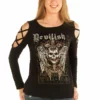 Daniel Smart Manufacturing Women's Cold Shoulder Devilish Raven Long Sleeve Tee - 7697BLK-DS