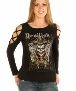 Daniel Smart Manufacturing Women's Cold Shoulder Devilish Raven Long Sleeve Tee - 7697BLK-DS