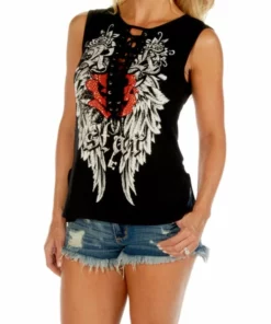 Daniel Smart Manufacturing Tank Tops Liberty Wear Women's Embellished Rock Star Lace Up Sleeveless Tank Top - Black