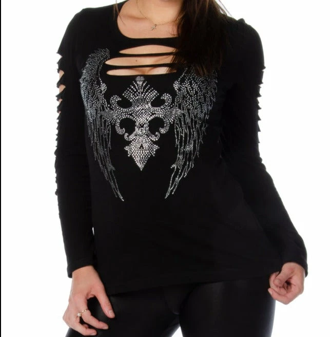 Daniel Smart Manufacturing Liberty Wear Women's Dark Angel Embellished Cut-Out Long Sleeve Shirt, Black 4 Daniel Smart Manufacturing Liberty Wear Women's Dark Angel Embellished Cut-Out Long Sleeve Shirt, Black