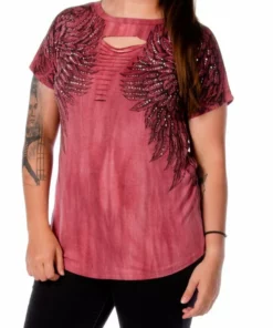 Daniel Smart Manufacturing Rise Above Slit Cut Embellished Wings Short Sleeve Tee, Magenta 7726BRG-MW