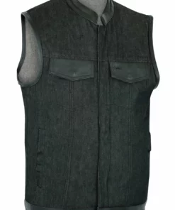 Daniel Smart Manufacturing Vests DM962 Men's Rough Rub-Off Raw Finish Denim Vest W/Leather Trim - Scoo
