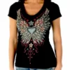 Daniel Smart Manufacturing Liberty Wear Women's Vintage Wings & Stars Embellished Short Sleeve Tee - Black