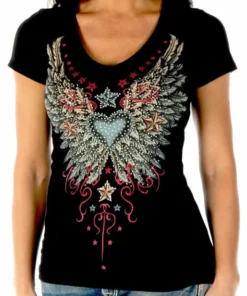 Daniel Smart Manufacturing Liberty Wear Women's Vintage Wings & Stars Embellished Short Sleeve Tee - Black