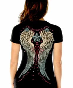 Daniel Smart Manufacturing Liberty Wear Women's Vintage Wings & Stars Embellished Short Sleeve Tee - Black