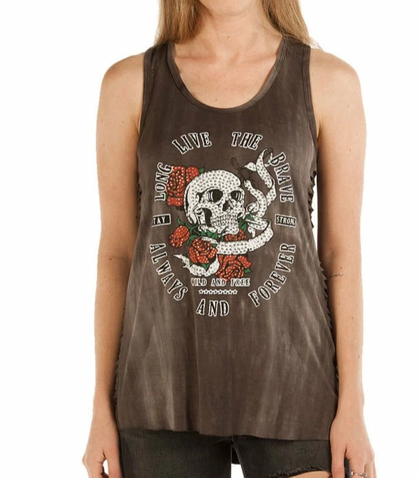 Daniel Smart Manufacturing Liberty Wear® Long Live The Brave Skull And Roses Sleeveless Tee, 7509CHAR Tank Tops 3 Daniel Smart Manufacturing Liberty Wear® Long Live The Brave Skull And Roses Sleeveless Tee, 7509CHAR Tank Tops