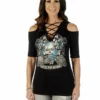 Daniel Smart Manufacturing Long Sleeve Shirts Liberty Wear Women's Bikers, Booze & Babes Embellished Cold Shoulder Top - Black 7670BLK 2 Daniel Smart Manufacturing Long Sleeve Shirts Liberty Wear Women's Bikers, Booze & Babes Embellished Cold Shoulder Top - Black 7670BLK
