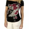 Daniel Smart Manufacturing Liberty Wear® Blossomed Elegance Laser Cut Sexy Shoulder Tee, 7642BLK