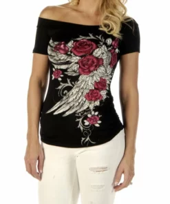 Daniel Smart Manufacturing Liberty Wear® Blossomed Elegance Laser Cut Sexy Shoulder Tee, 7642BLK