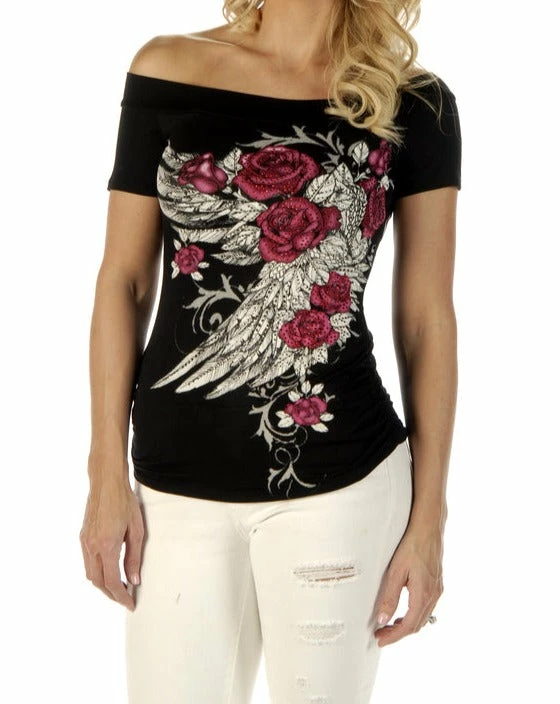 Daniel Smart Manufacturing Liberty Wear® Blossomed Elegance Laser Cut Sexy Shoulder Tee, 7642BLK 3 Daniel Smart Manufacturing Liberty Wear® Blossomed Elegance Laser Cut Sexy Shoulder Tee, 7642BLK