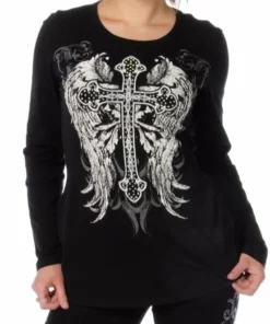 Daniel Smart Manufacturing Long Sleeve Shirts Liberty Wear ® Embellished Celtic Cross And Wings Long Sleeve Tee