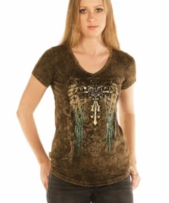 Daniel Smart Manufacturing Women's Embellished Cross And Wings Short Sleeve Tee Short Sleeve Shirts