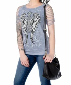 Daniel Smart Manufacturing Liberty Wear Cross And Wings Sliced Short Sleeve Tee Short Sleeve Shirts