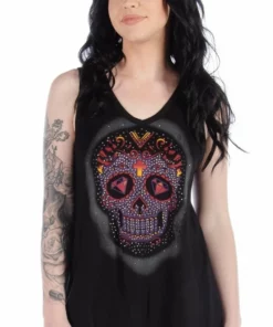 Daniel Smart Manufacturing Liberty Wear Women's Embellished Sugar Skull Lace Back Sleeveless Tank Top Tank Tops