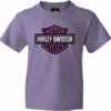 Superstition Harley-Davidson Harley-Davidson® Big Girls Glittery Bar & Shield Short Sleeve T-Shirt, Lavender Kids 1 Superstition Harley-Davidson Harley-Davidson® Big Girls Glittery Bar & Shield Short Sleeve T-Shirt, Lavender Kids