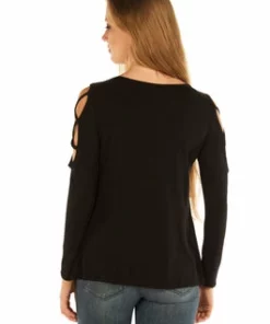 Daniel Smart Manufacturing Women's Cold Shoulder Devilish Raven Long Sleeve Tee - 7697BLK-DS