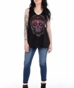 Daniel Smart Manufacturing Liberty Wear Women's Embellished Sugar Skull Lace Back Sleeveless Tank Top Tank Tops
