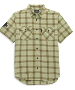 Harley-Davidson® Men's Embroidered Graphic Abbey Stone Plaid Short Sleeve Shirt, 96019-22VM